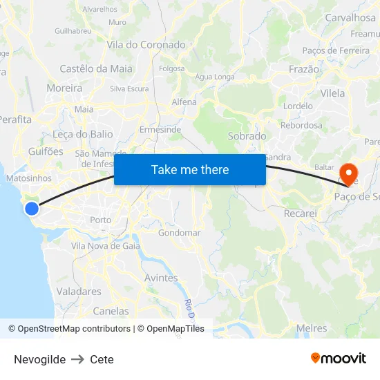 Nevogilde to Cete map