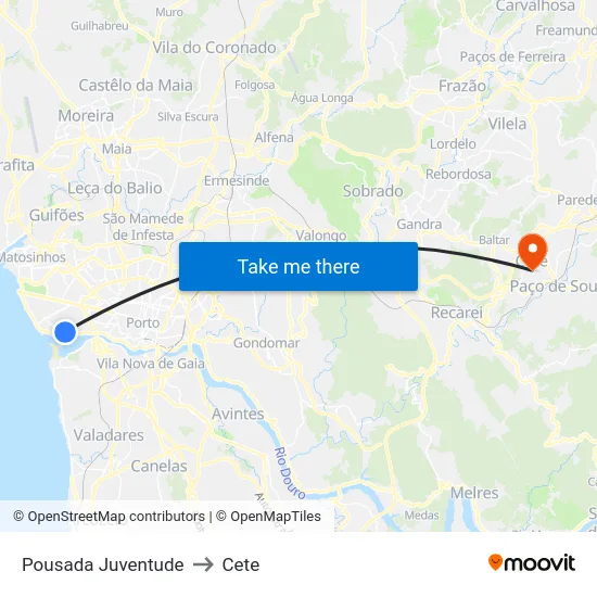 Pousada Juventude to Cete map