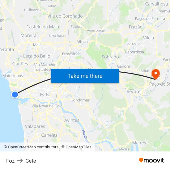 Foz to Cete map