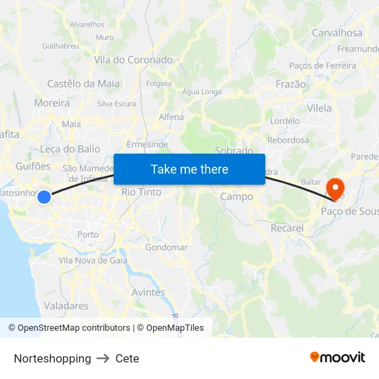 Norteshopping to Cete map