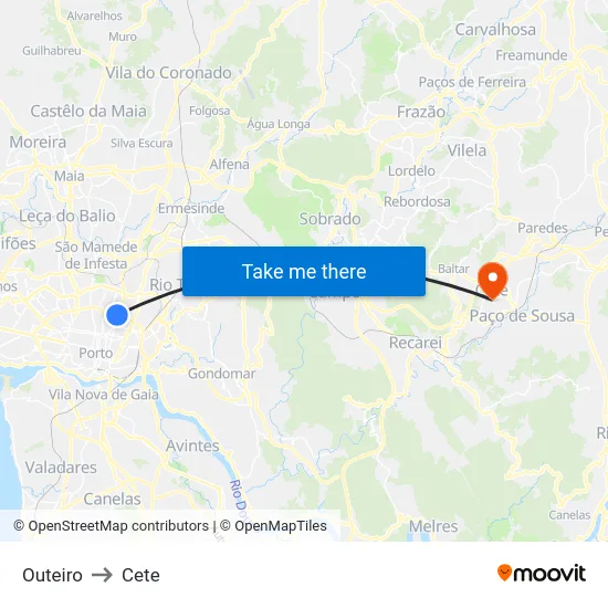 Outeiro to Cete map