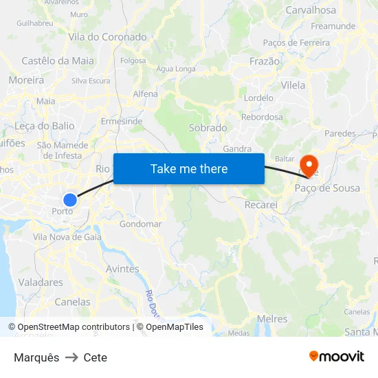 Marquês to Cete map
