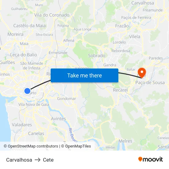 Carvalhosa to Cete map