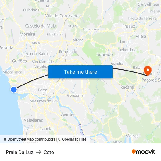 Praia Da Luz to Cete map