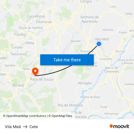 Vila Meã to Cete map