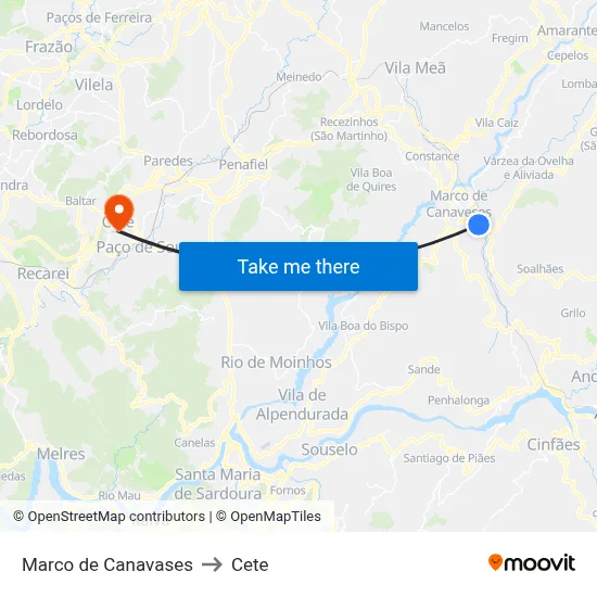 Marco de Canavases to Cete map