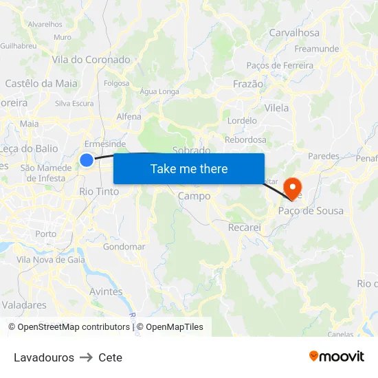 Lavadouros to Cete map