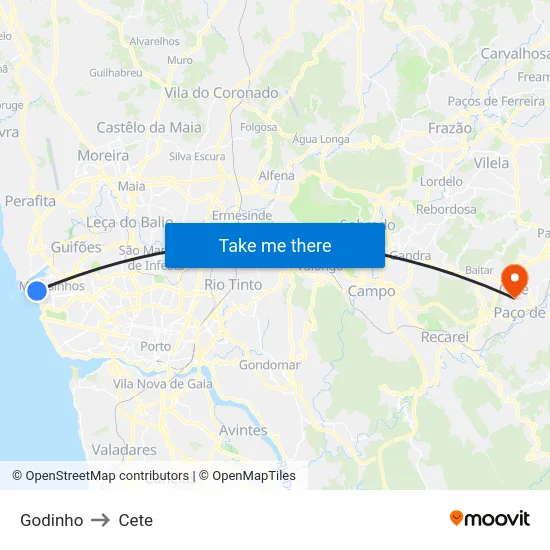 Godinho to Cete map