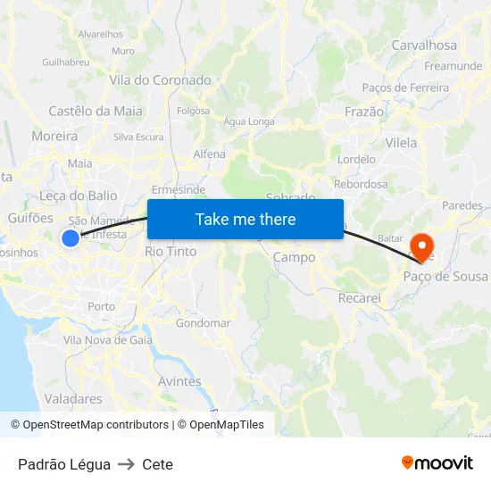 Padrão Légua to Cete map