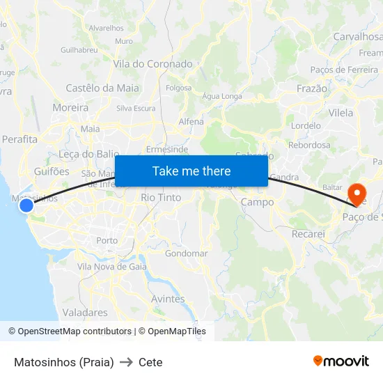 Matosinhos (Praia) to Cete map