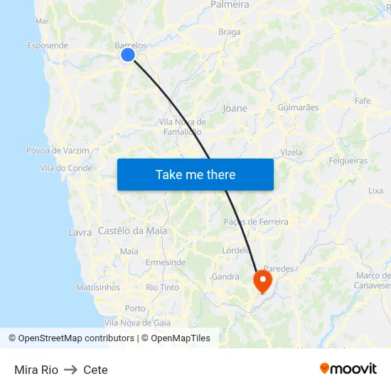 Mira Rio to Cete map