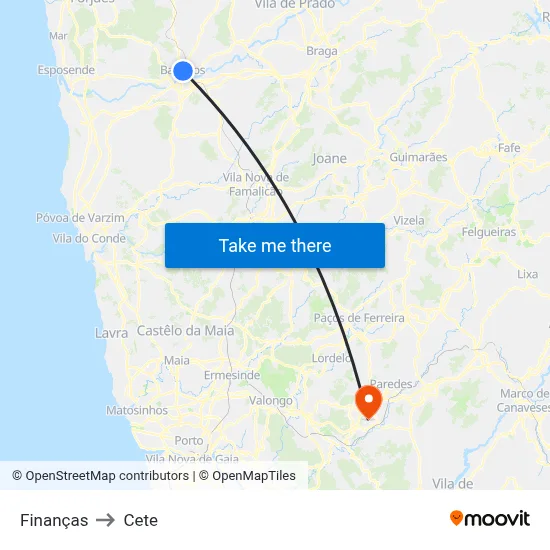 Finanças to Cete map