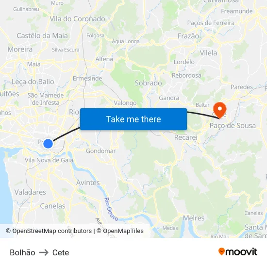 Bolhão to Cete map