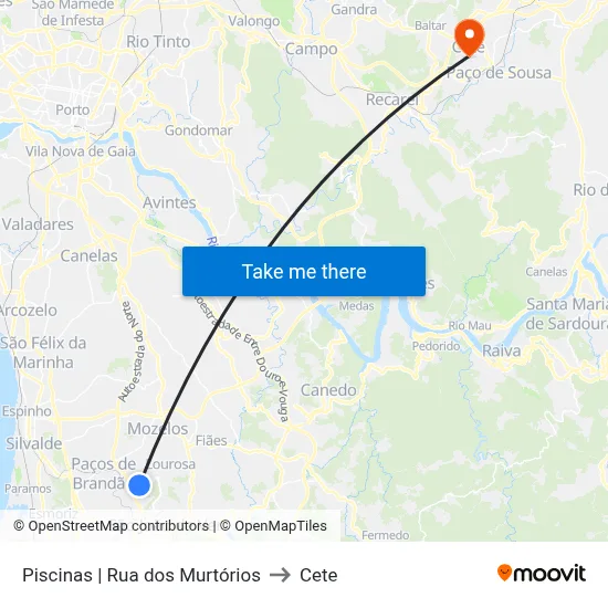 Piscinas |  Rua dos Murtórios to Cete map