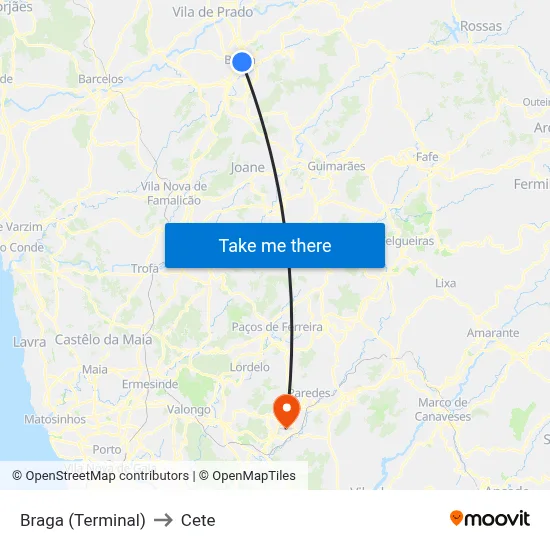 Braga (Terminal) to Cete map