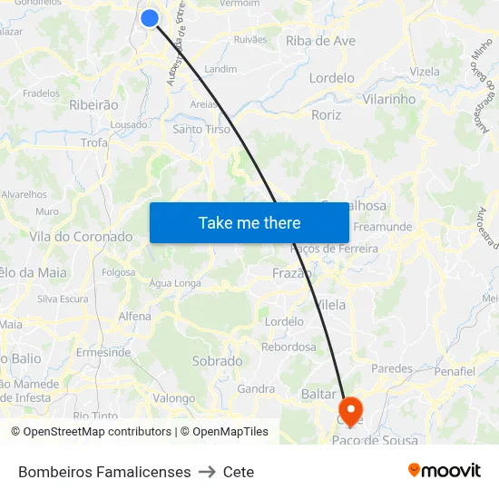 Bombeiros Famalicenses to Cete map