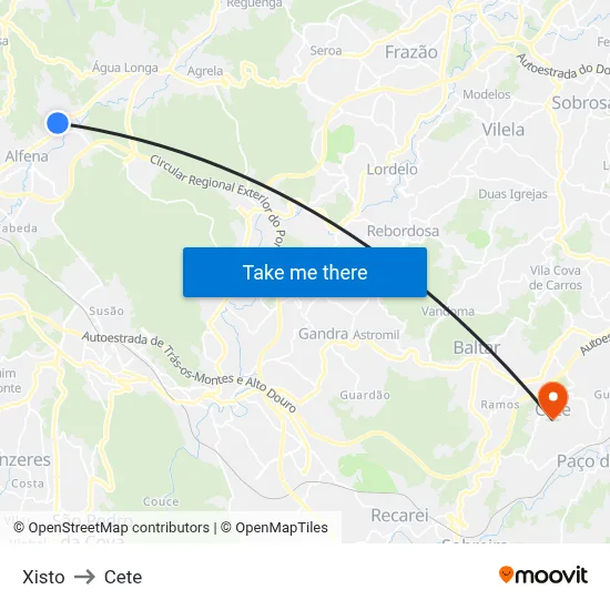 Xisto to Cete map