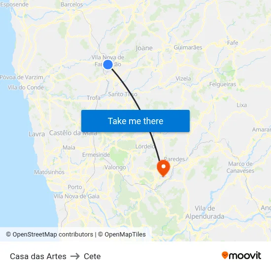 Casa das Artes to Cete map