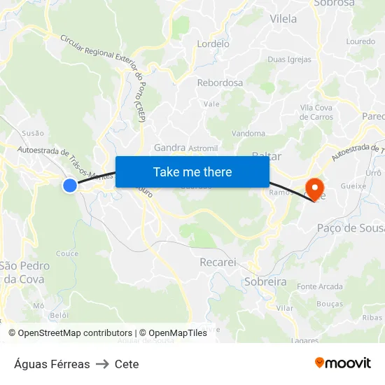 Águas Férreas to Cete map
