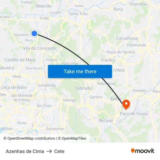 Azenhas de Cima to Cete map