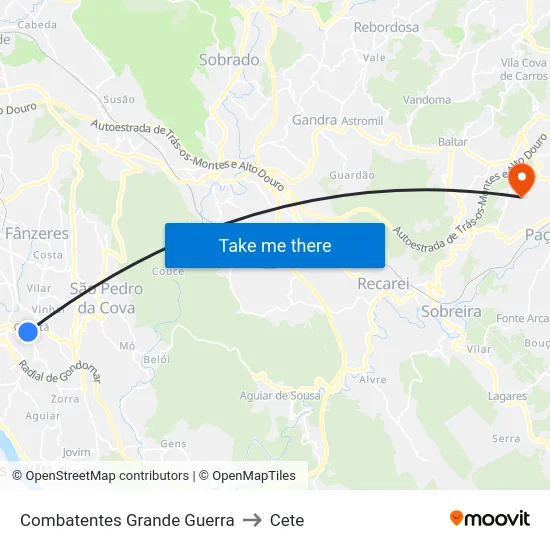 Combatentes Grande Guerra to Cete map