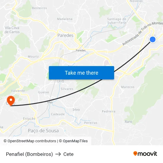 Penafiel (Bombeiros) to Cete map