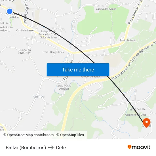 Baltar (Bombeiros) to Cete map