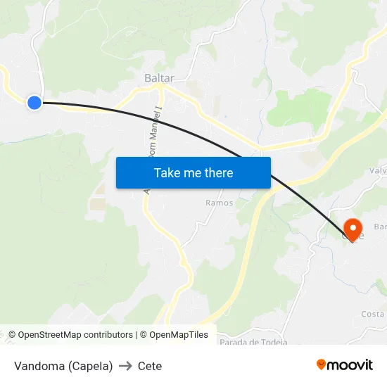 Vandoma (Capela) to Cete map