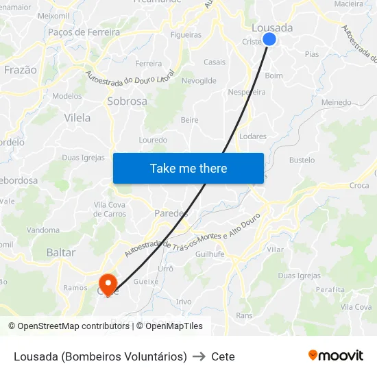 Lousada (Bombeiros Voluntários) to Cete map