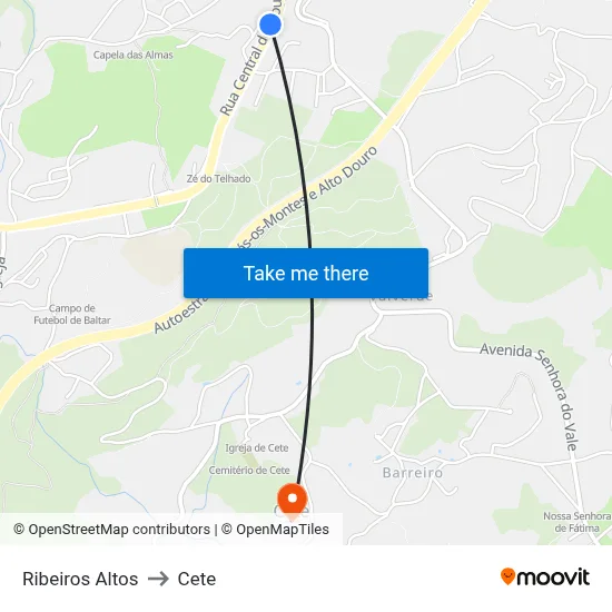 Ribeiros Altos to Cete map