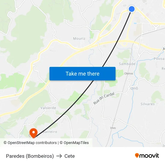 Paredes (Bombeiros) to Cete map