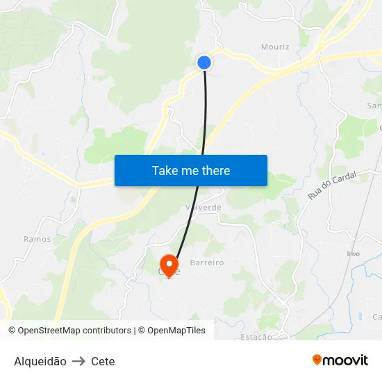 Alqueidão to Cete map