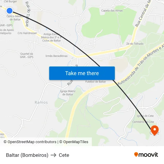 Baltar (Bombeiros) to Cete map