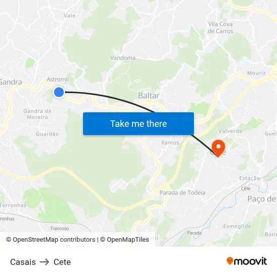 Casais to Cete map