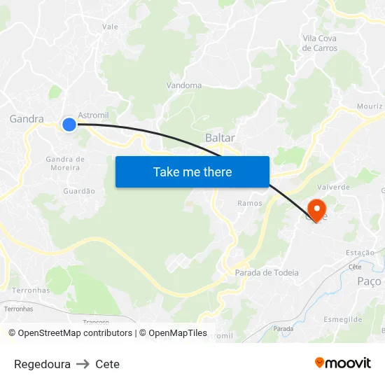 Regedoura to Cete map