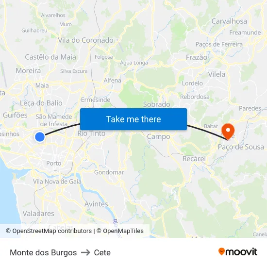 Monte dos Burgos to Cete map