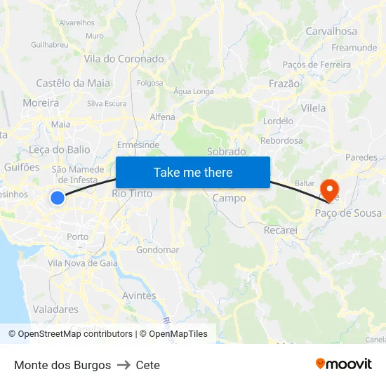 Monte dos Burgos to Cete map