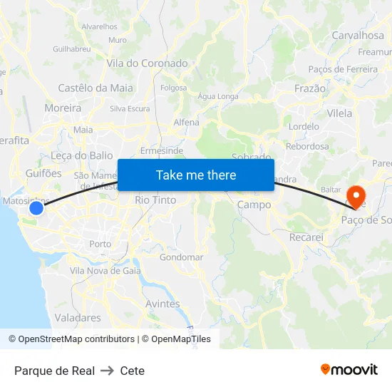 Parque de Real to Cete map