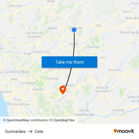 Guimarães to Cete map