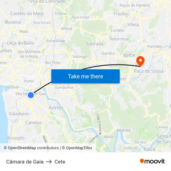 Câmara de Gaia to Cete map