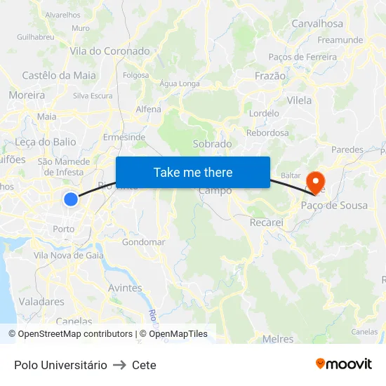Polo Universitário to Cete map