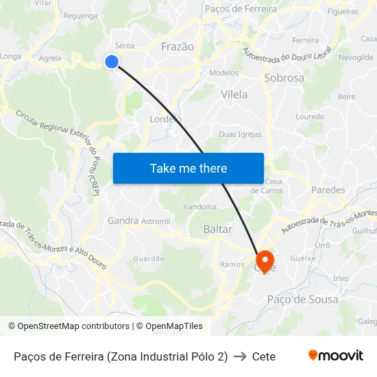 Paços de Ferreira (Zona Industrial Pólo 2) to Cete map