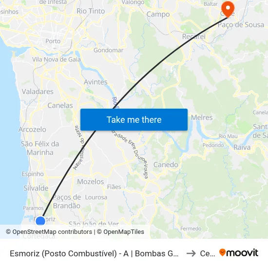 Esmoriz (Posto Combustível) - A | Bombas Gasolina to Cete map