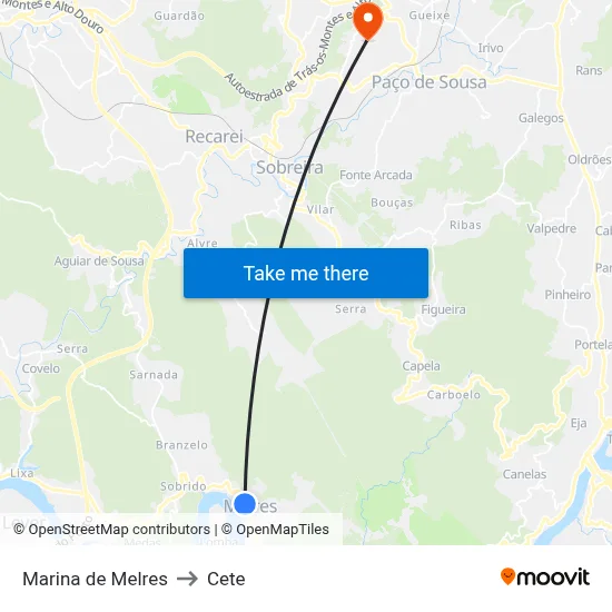 Marina de Melres to Cete map
