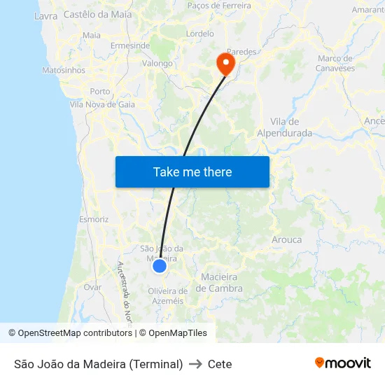 São João da Madeira (Terminal) to Cete map