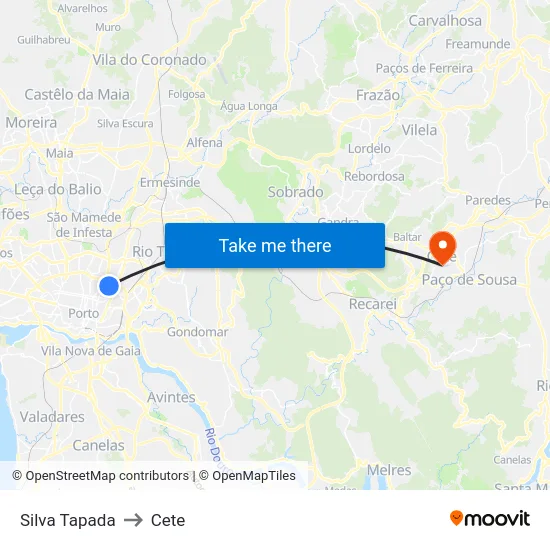 Silva Tapada to Cete map