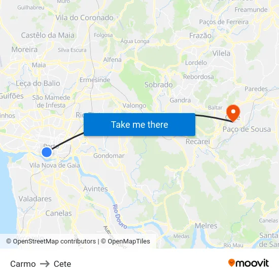 Carmo to Cete map