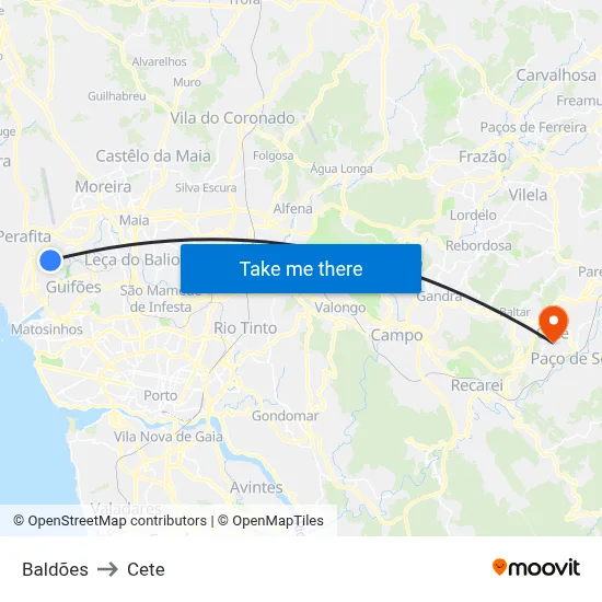 Baldões to Cete map