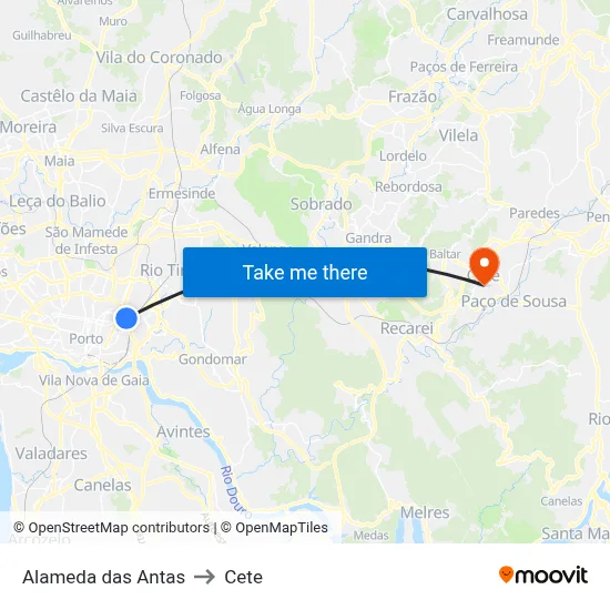 Alameda das Antas to Cete map