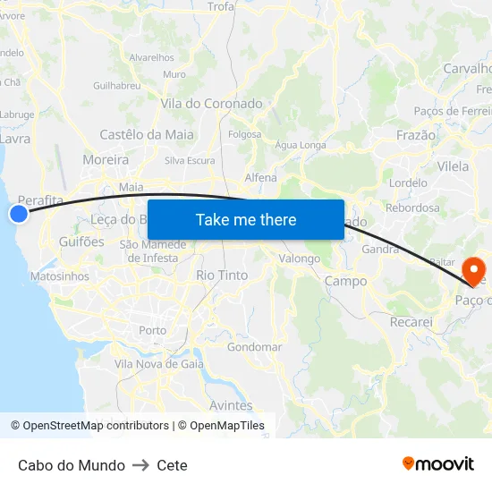 Cabo do Mundo to Cete map